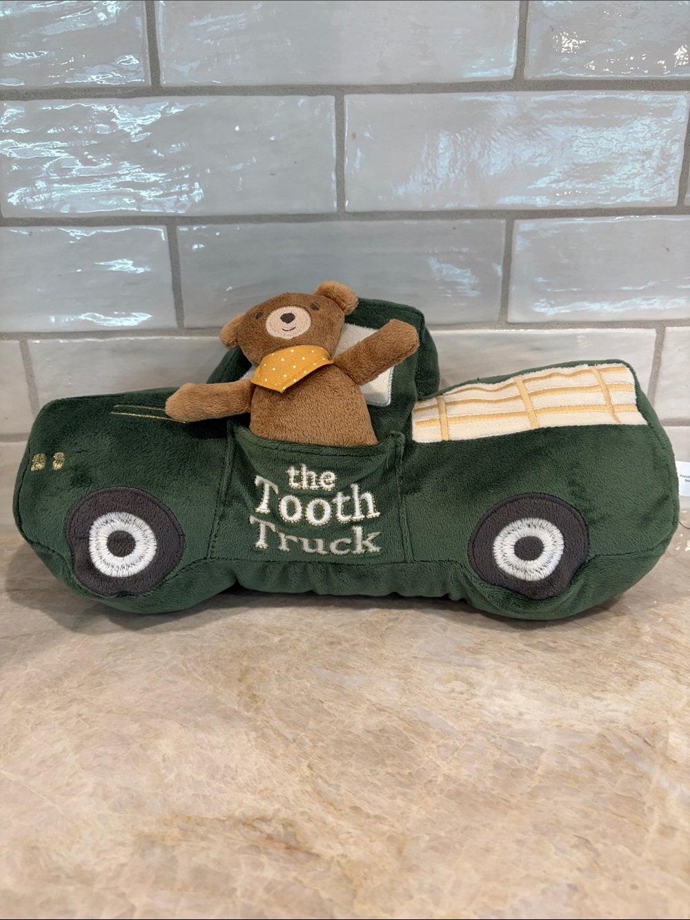 The Tooth Truck Plush Toy - Green with Brown Bear